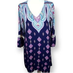 UMGEE USA BLUE & PINK BOHO-INSPIRED VNECK DRESS SZ.S EUC.